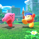 A round, pink character and his round, spear-wielding friend smile on a grassy hill.